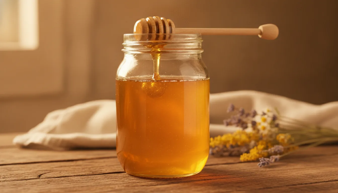 Glas Honig mit Holzlöffel, Honig tropft hinein, auf Holztisch
