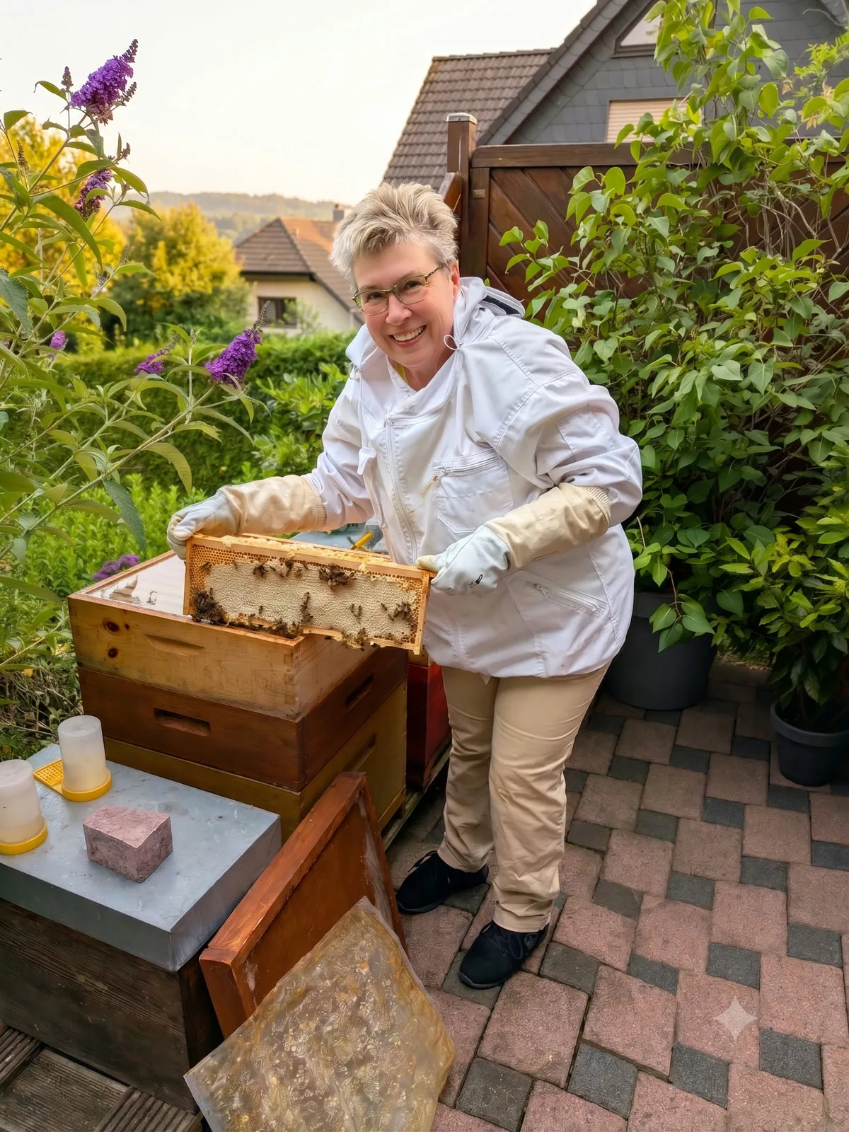 Martina in Imkerschutzkleidung hält einen Wabenrahmen mit Bienen am Bienenstand