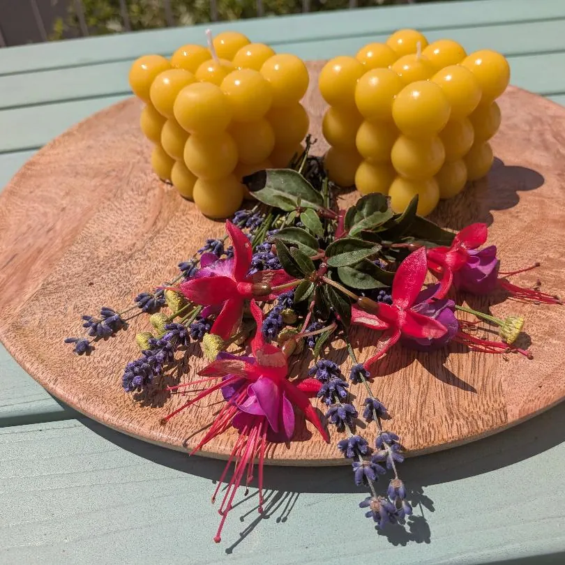 Zwei würfelförmige Bienenwachskerzen mit Kugelnoppen-Struktur auf Holzscheibe mit Fuchsien