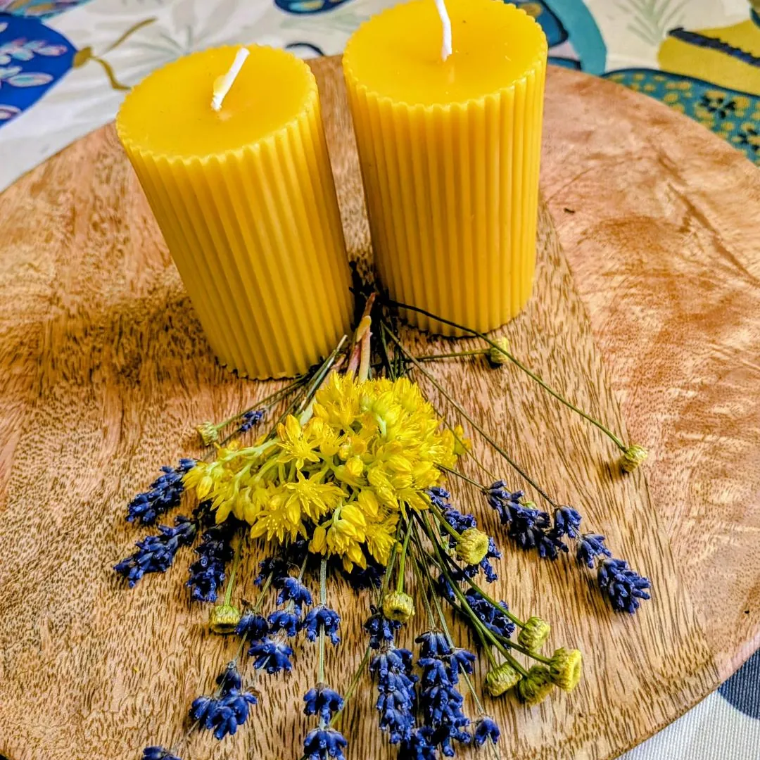 Zwei Bienenwachsstumpen mit feinen senkrechten Rillen auf Holzscheibe, mit Lavendel und gelben Blüten