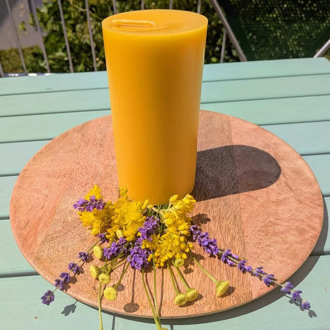 Breiter großer Bienenwachsstumpen auf Holzscheibe mit Lavendel